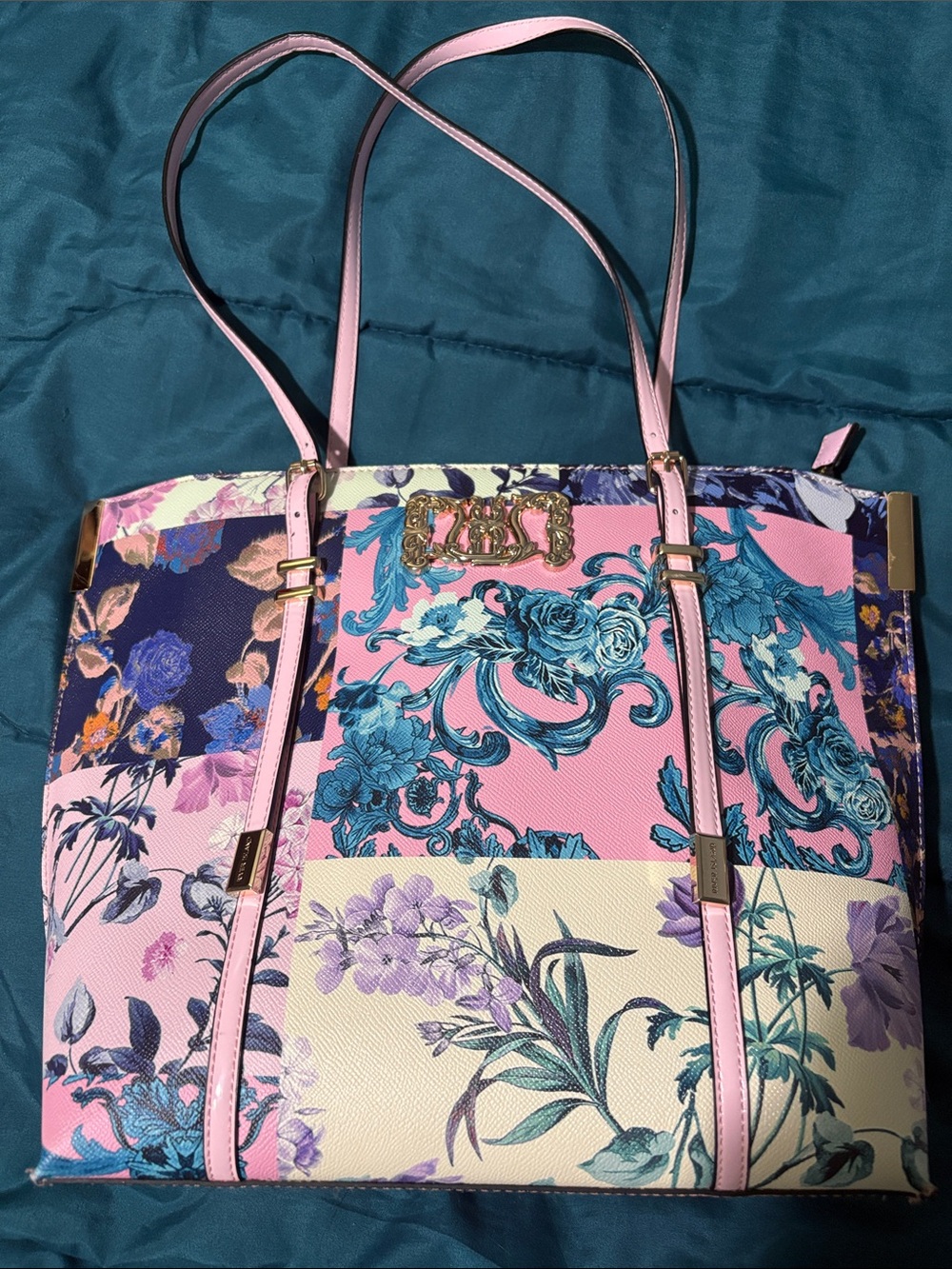 Beautiful River Island Patchwork Tote Bag in Pink,  Blue & Green & Cream + Dusty